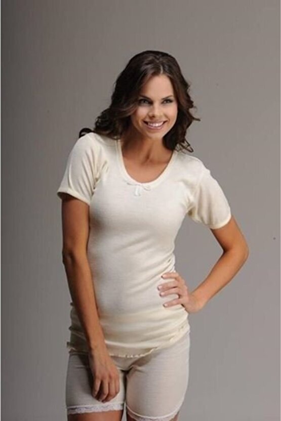 Kadın Kaşkorse Yün Kısa Kol Fanila Ekru