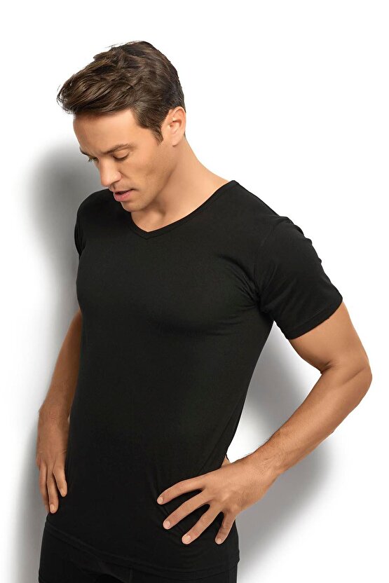 Erkek Siyah Pamuklu V Yaka Atlet 112