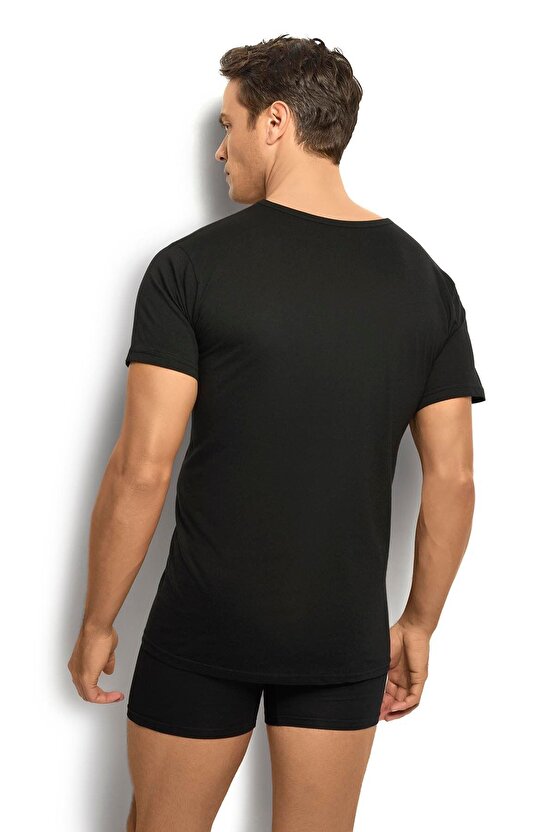 Erkek Siyah Pamuklu Kısa Kollu V Yaka Atlet Fanila 3lü Paket-112