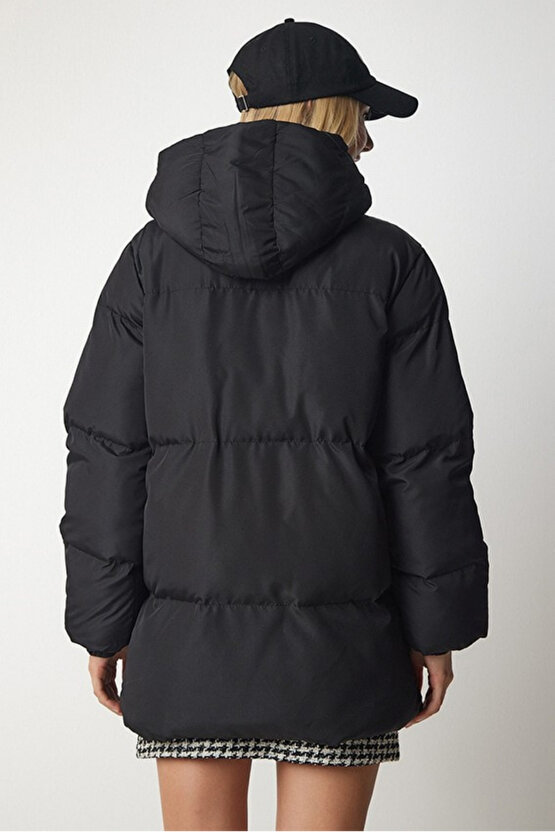 Kadın Oversize Şişme Mont Kapüşonlu - 4 Cep Detaylı Fermuarlı Kışlık Günlük Mont