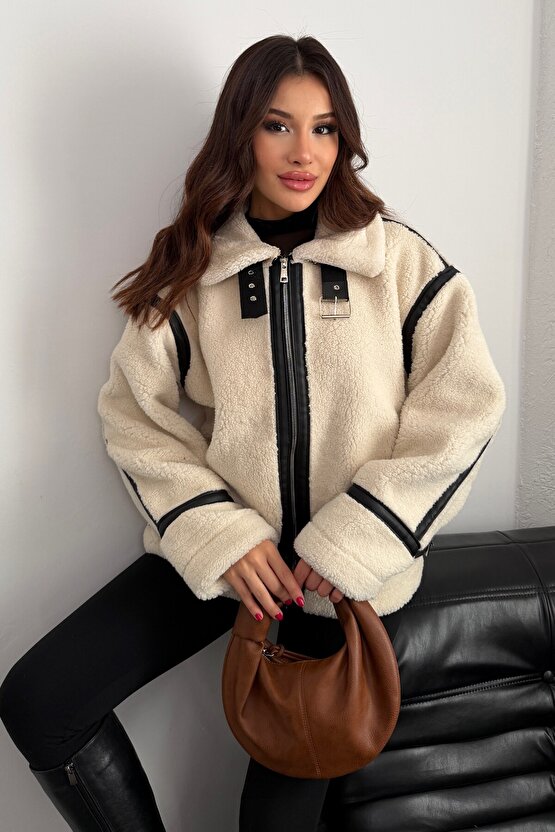 Kadın Deri Detaylı Oversize Peluş Mont - Premium Tasarım Biker Teddy Kaban Ceket