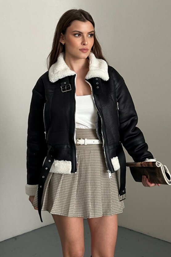 Kadın İçi Kürk Detaylı Kemerli Deri Mont - Kışlık Biker Peluş Astarlı Deri Ceket