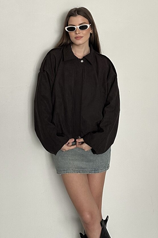 Kadın Oversize Süet Kahverengi Bomber Ceket - Yeni Sezon Günlük Şık Mont