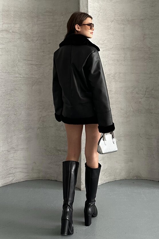 Kadın Siyah İçi İpek Kürklü Oversize Suni Deri Mont - Biker Shearling Ceket