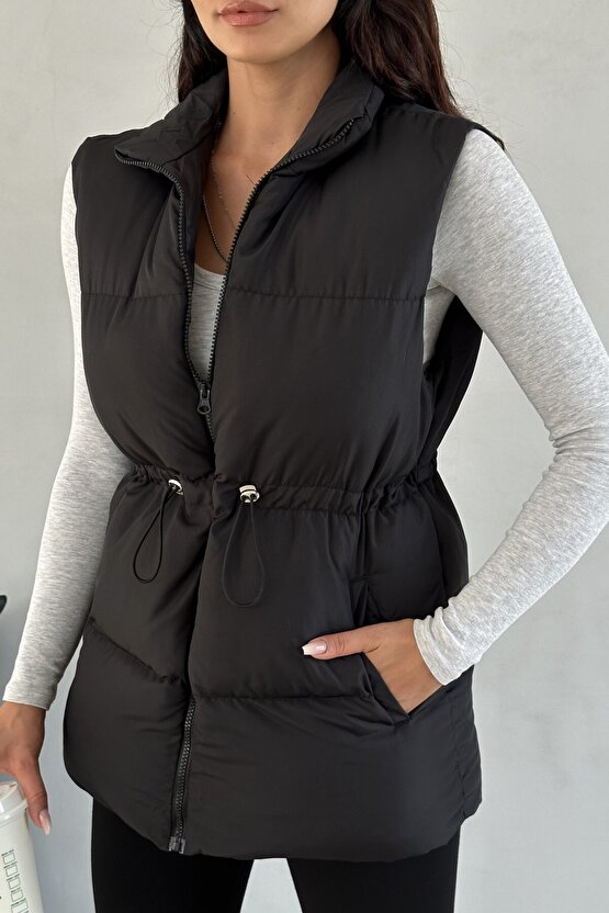 Kadın Siyah Şişme Yelek - Kapüşonsuz Uzun Fermuarlı Cepli Kışlık Spor Şişme Mont Yelek