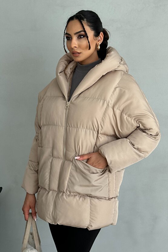 Kadın Bej Kapüşonlu Şişme Mont - Oversize Kalın Kaban Su Geçirmez Kışlık