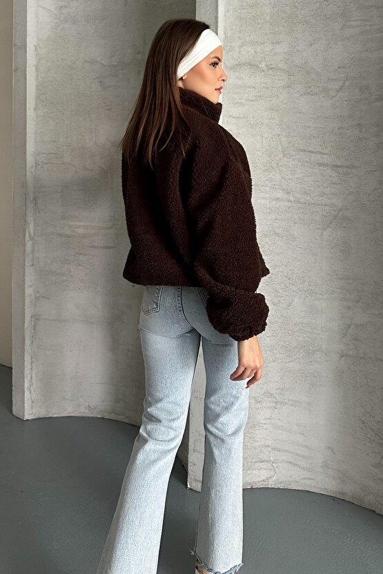 Kadın Oversize Peluş Bomber Ceket - Teddy Kahverengi Polar Mont