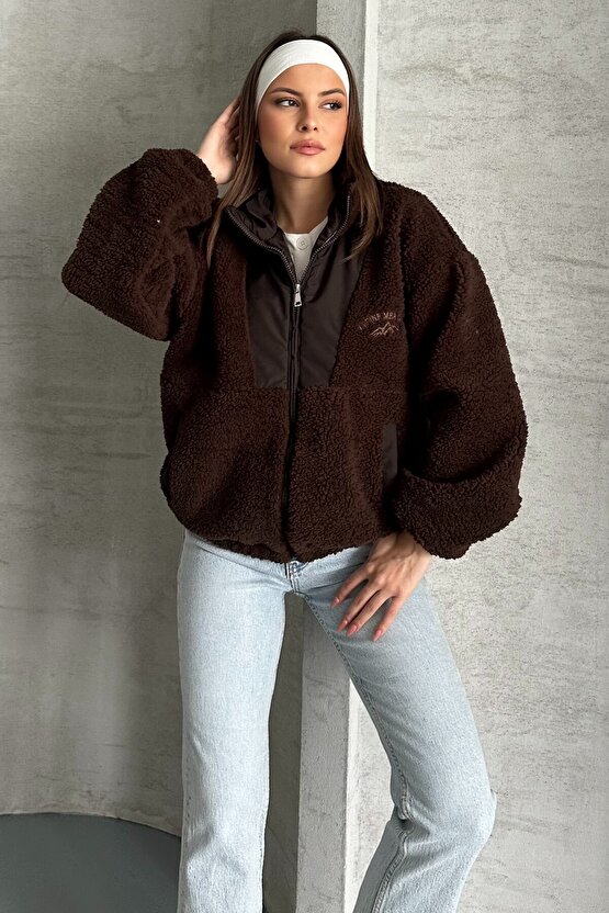 Kadın Oversize Peluş Bomber Ceket - Teddy Kahverengi Polar Mont