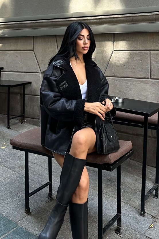 Kadın İçi Kürklü Oversize Süet Deri Mont - Peluş Astarlı Else Kışlık Ceket