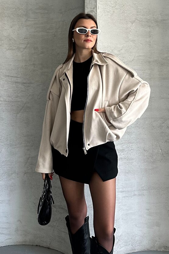 Kadın Oversize Süet Bomber Ceket - Yeni Sezon Deri Trend Ceket