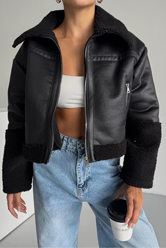 Kadın Peluş Detaylı Crop Biker Suni Deri Mont