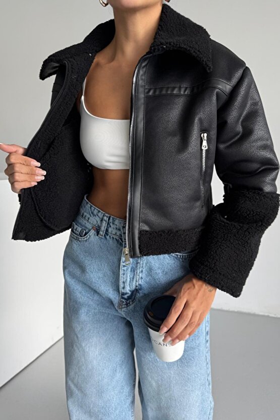 Kadın Peluş Detaylı Crop Biker Suni Deri Mont
