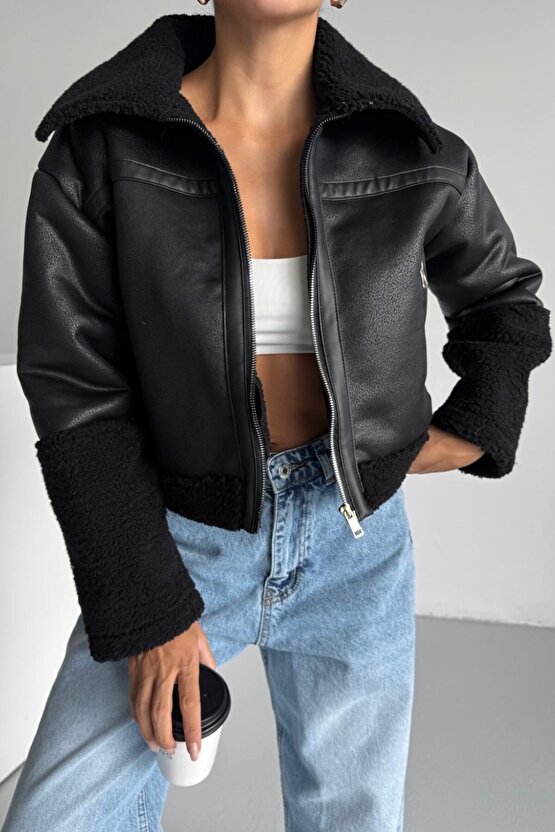 Kadın Peluş Detaylı Crop Biker Suni Deri Mont