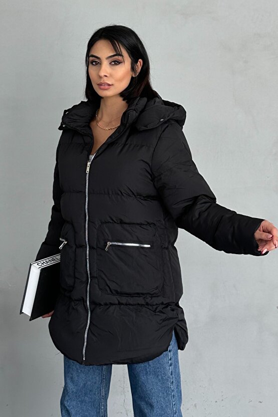 Kadın Kapüşonlu Şişme Uzun Mont