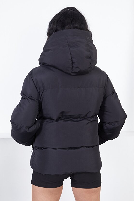 Kadın Kapüşonlu Şişme Mont - Yakası Bağcıklı