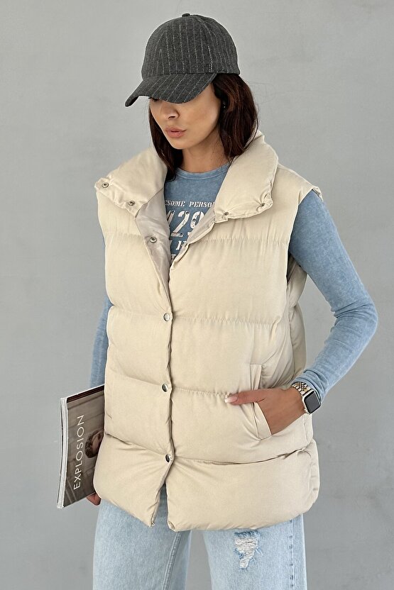 Kadın Filotalı Cep Çıtçıtlı Yakalı Uzun Şişme Yelek