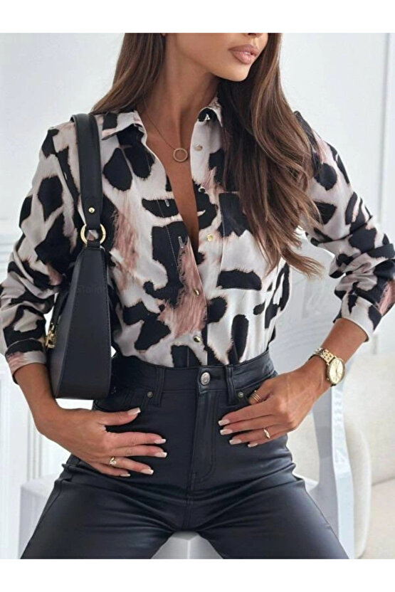 Kadın Uzun Kol Cep Detay Leopar Baskılı Mosskrep Kumaş Gömlek