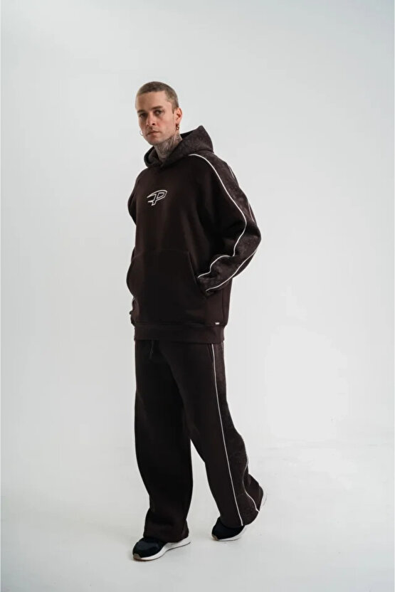 MDB Uzun Kol Kapşonlu Ara Biyeli Baggy Eşofman Takım Kahve