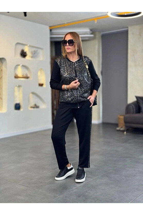 Kadın Uzun Kollu önden Fermuarlı Leopar Desenli Viskon Iki Iplik Bluz Ve Pantolon Ikili Takım