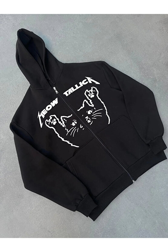 Kışlık Baskılı Fermuarlı Kapüşonlu Hırka - Siyah