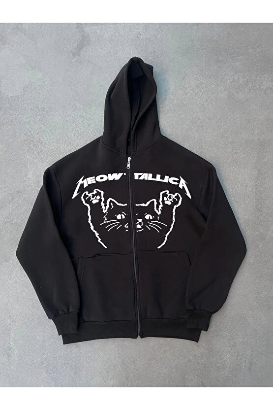 Kışlık Baskılı Fermuarlı Kapüşonlu Hırka - Siyah