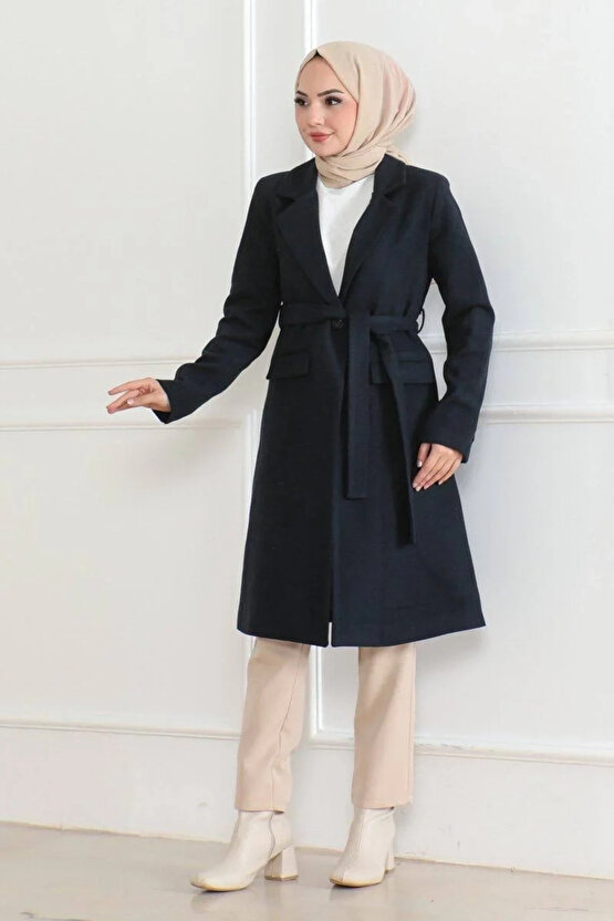 Kadın Düğmeli İçi Astarlı Kaşmir Kaşe Kaban - Lacivert