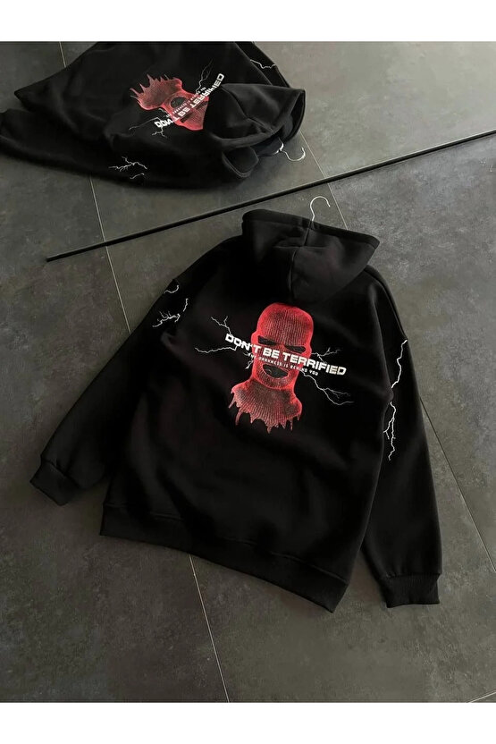 Üç İplik Kapüşonlu Baskılı Oversize SweatShirt- Siyah