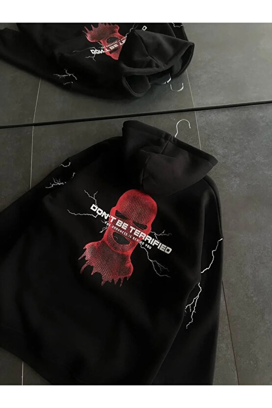 Üç İplik Kapüşonlu Baskılı Oversize SweatShirt- Siyah