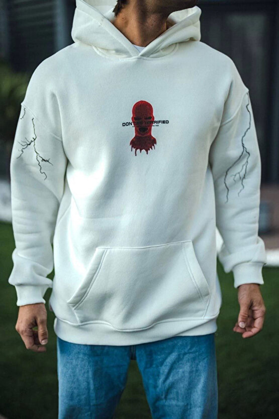 Üç Iplik Kapüşonlu Baskılı Oversize Sweatshirt- Beyaz