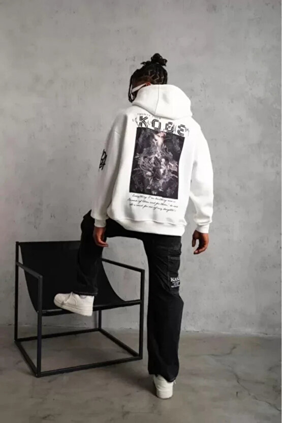 EQURİ Unisex Sırt Baskılı Kapüşonlu Üç İplik Oversize Sweatshirt - Beyaz