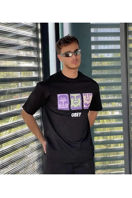 Unisex Bisiklet Yaka Baskılı Oversize T-Shirt - Siyah