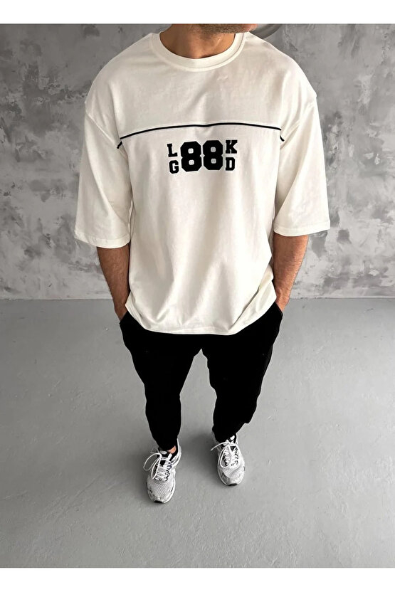 Unisex Bisiklet Yaka Baskılı Oversize T-Shirt - Beyaz