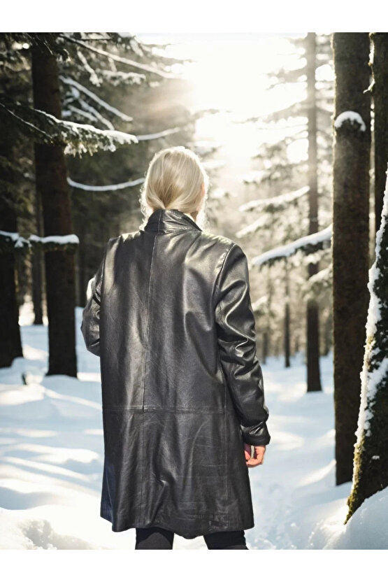 Kadın Uzun Kollu Hakiki Deri Ceket - Siyah