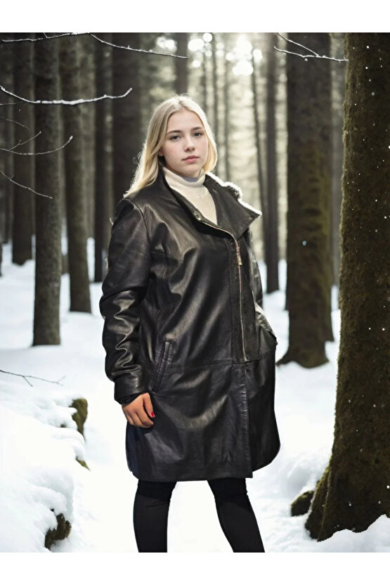 Kadın Uzun Kollu Hakiki Deri Ceket - Siyah