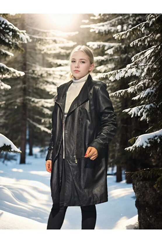 Kadın Uzun Kollu Hakiki Deri Ceket - Siyah