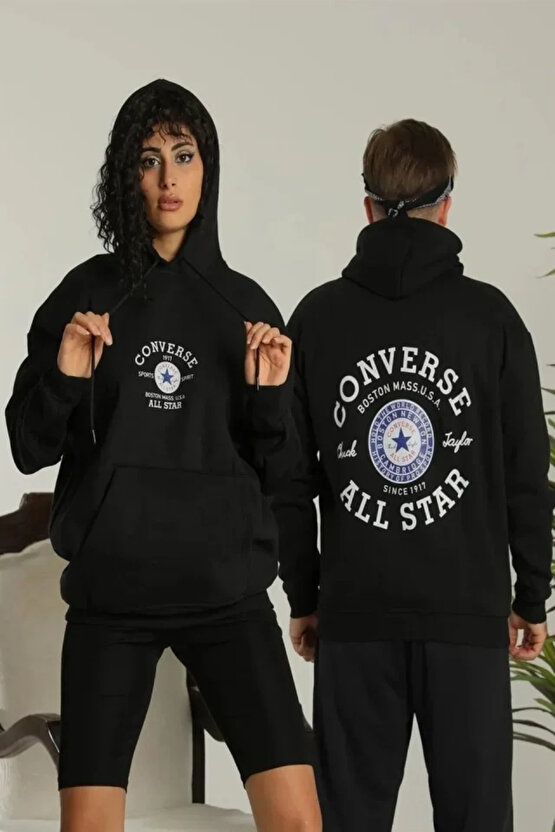 EQURİ Erkek Sırt Baskılı Oversize Üç İplik Kapüşonlu Hoodie Sweatshirt - Siyah