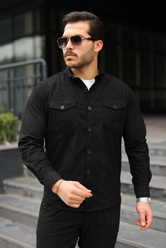 Erkek Uzun Kollu Cepli Kadife Gömlek