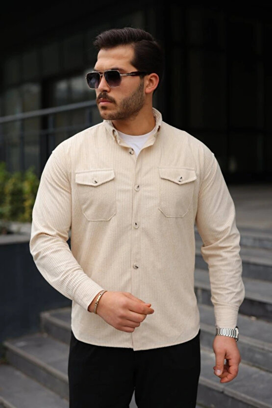 Erkek Uzun Kollu Cepli Kadife Gömlek