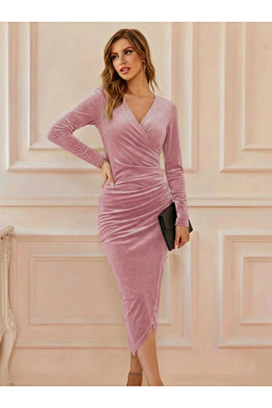 Kadın Uzun Kollu Kruvaze Yaka Belden Büzgü Detay Midi Kadife Elbise