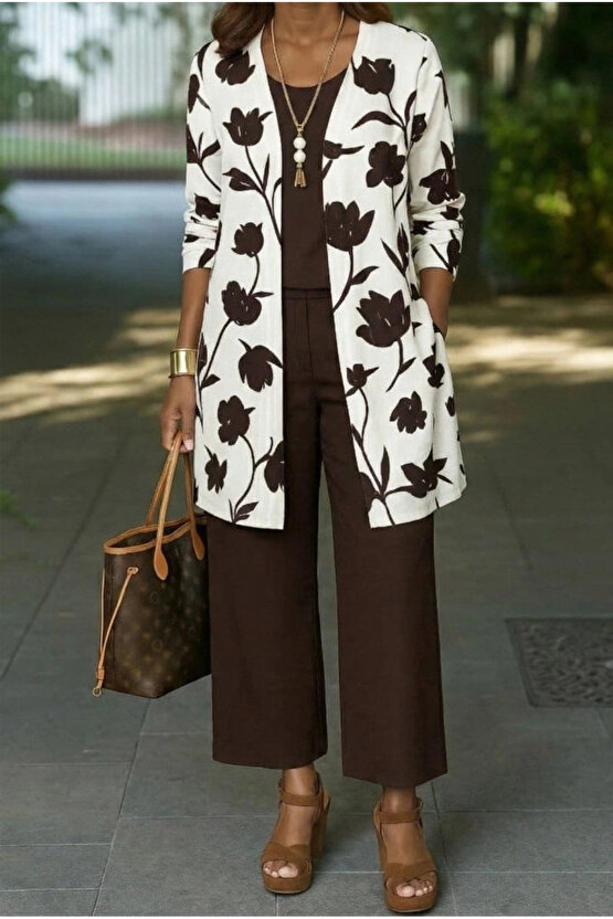 Kadın Uzun Kollu önü Açık Modal Ceket Kolsuz Viskon Iki Iplik Bluz Ve Pantolon üçlü Takım