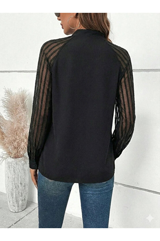 Kadın Uzun Kollu Reglan Kol Detaylı Tüllü Yakadan Bağlamalı Sandy Bluz