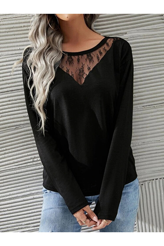 Kadın Uzun Kollu Geniş Yuvarlak Yaka Dantelli Viskon Iki Iplik Bluz