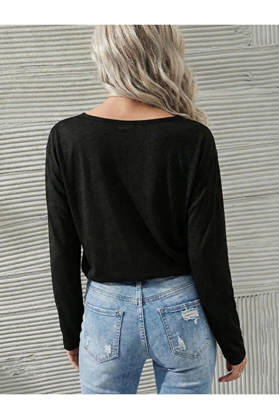 Kadın Uzun Kollu Geniş Yuvarlak Yaka Dantelli Viskon Iki Iplik Bluz