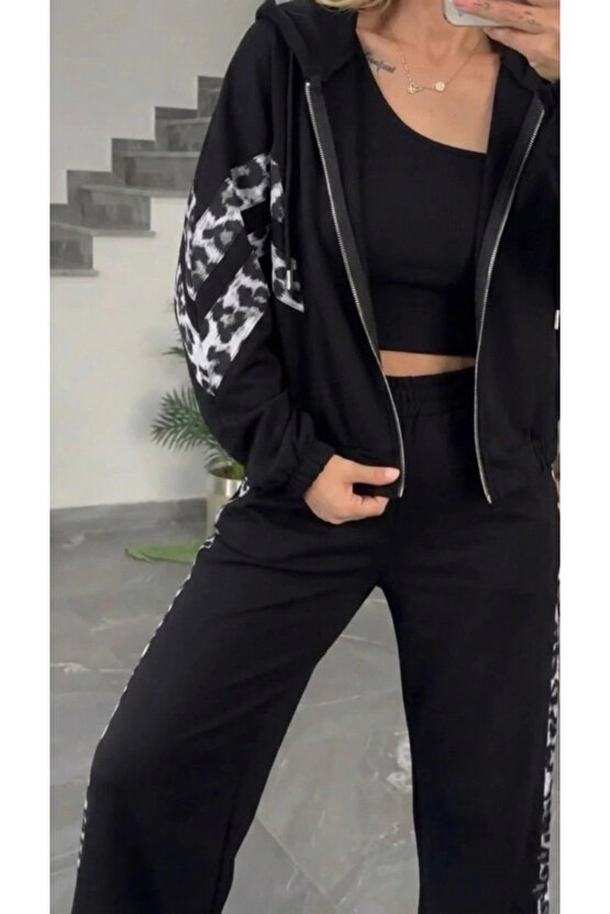 Kadın Uzun Kollu Kapşonlu önü Fermuarlı Leopar Desenli Modal Bluz Ve Pantolon Ikili Takım