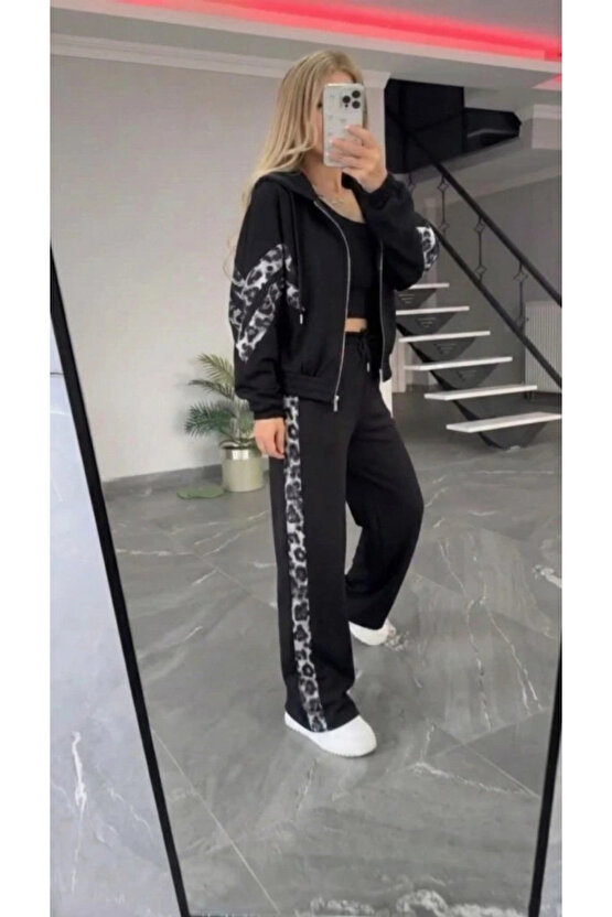 Kadın Uzun Kollu Kapşonlu önü Fermuarlı Leopar Desenli Modal Bluz Ve Pantolon Ikili Takım