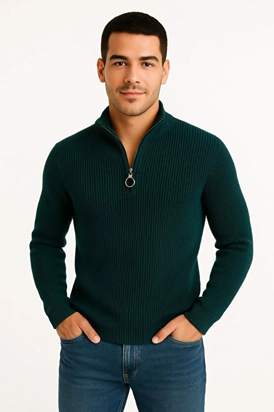 Erkek Fitilli Triko Kazak 2’li Set – Siyah & Haki Kalın Dokuma Pamuklu Regular Fit V Yaka Fermuarlı