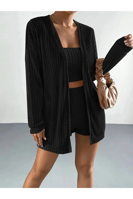 Kadın Uzun Kollu önü Açık şardonlu Kaşkorse Ceket Büstiyer Ve Short üçlü Takım
