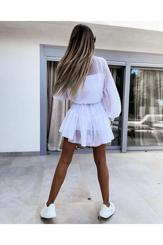 Kadın Uzun Kollu Puantiye Detay Gömlek Elbise