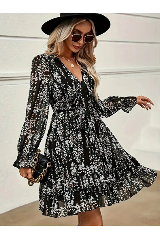 Kadın Uzun Kollu V Yakalı Fırfırlı Ve Bağcıklı şifon Mini Elbise