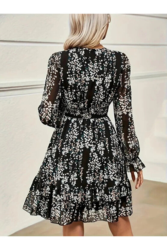 Kadın Uzun Kollu V Yakalı Fırfırlı Ve Bağcıklı şifon Mini Elbise